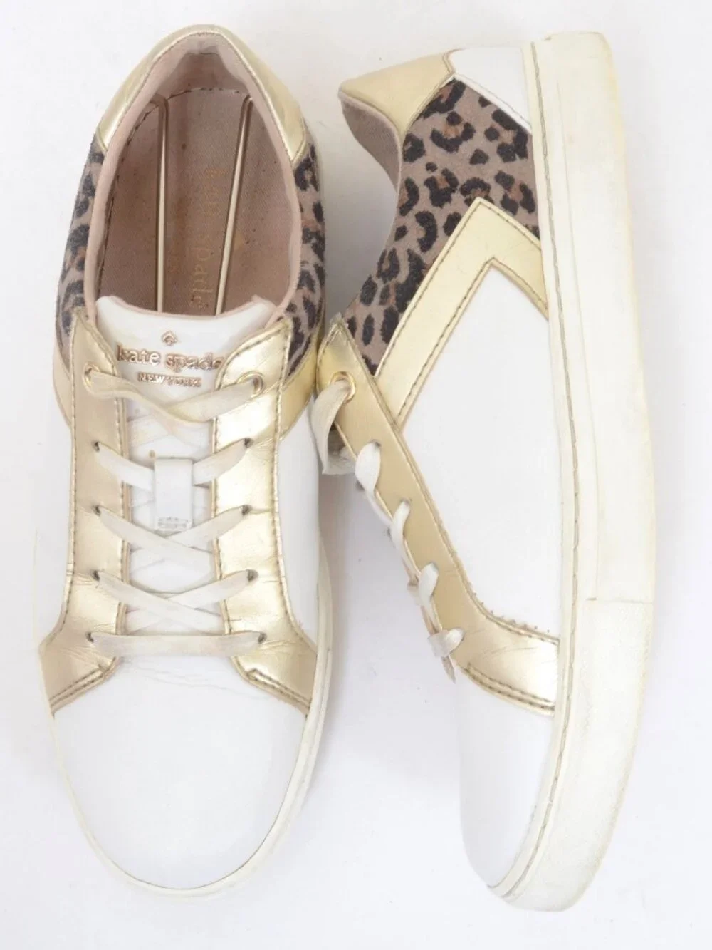 Kate Spade Dash Women's 9.5B Leopard Print Sneakers White Gold Accent Leather